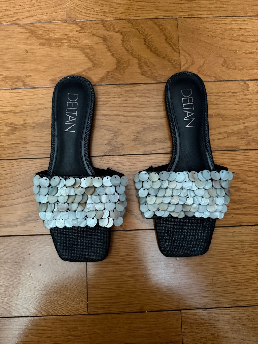 Deltan Black Slide Sandals with Iridescent Shell Disc Embellishments